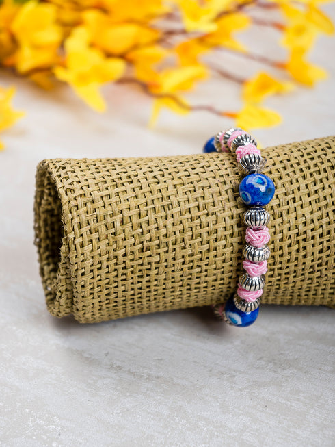 Handmade Stretchable Bracelet With Blue Pottery Beads